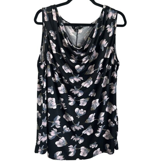 Womens Plus Size 1X Black Floral Sleeveless Drape Neck Top - Picture 1 of 6